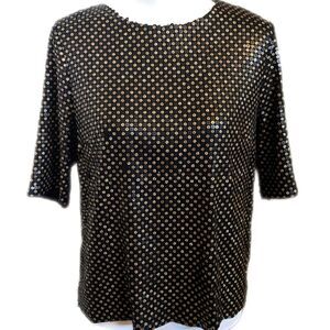 FRNCH black short sleeve blouse, back zip, heavily sequined (gold), M